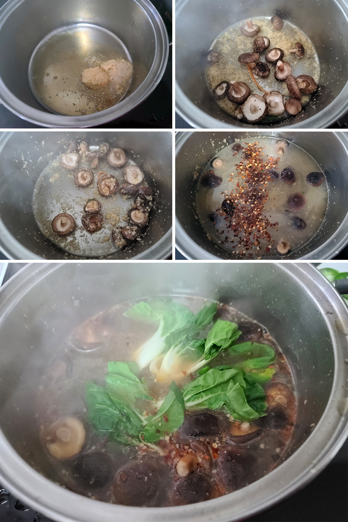 A 5 part image showing the gluten free ramen broth being made.