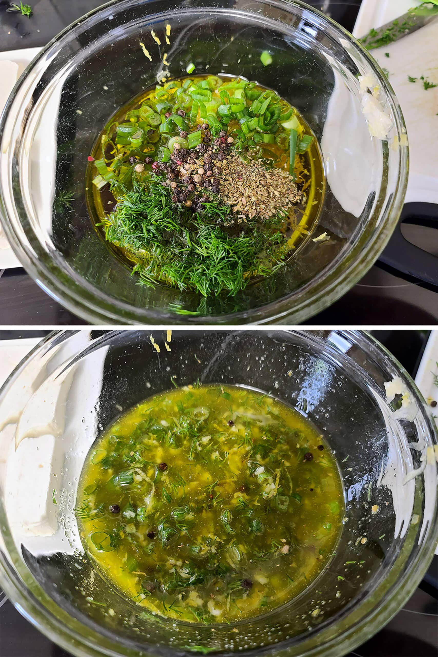 A 2 part image showing the marinade being mixed.