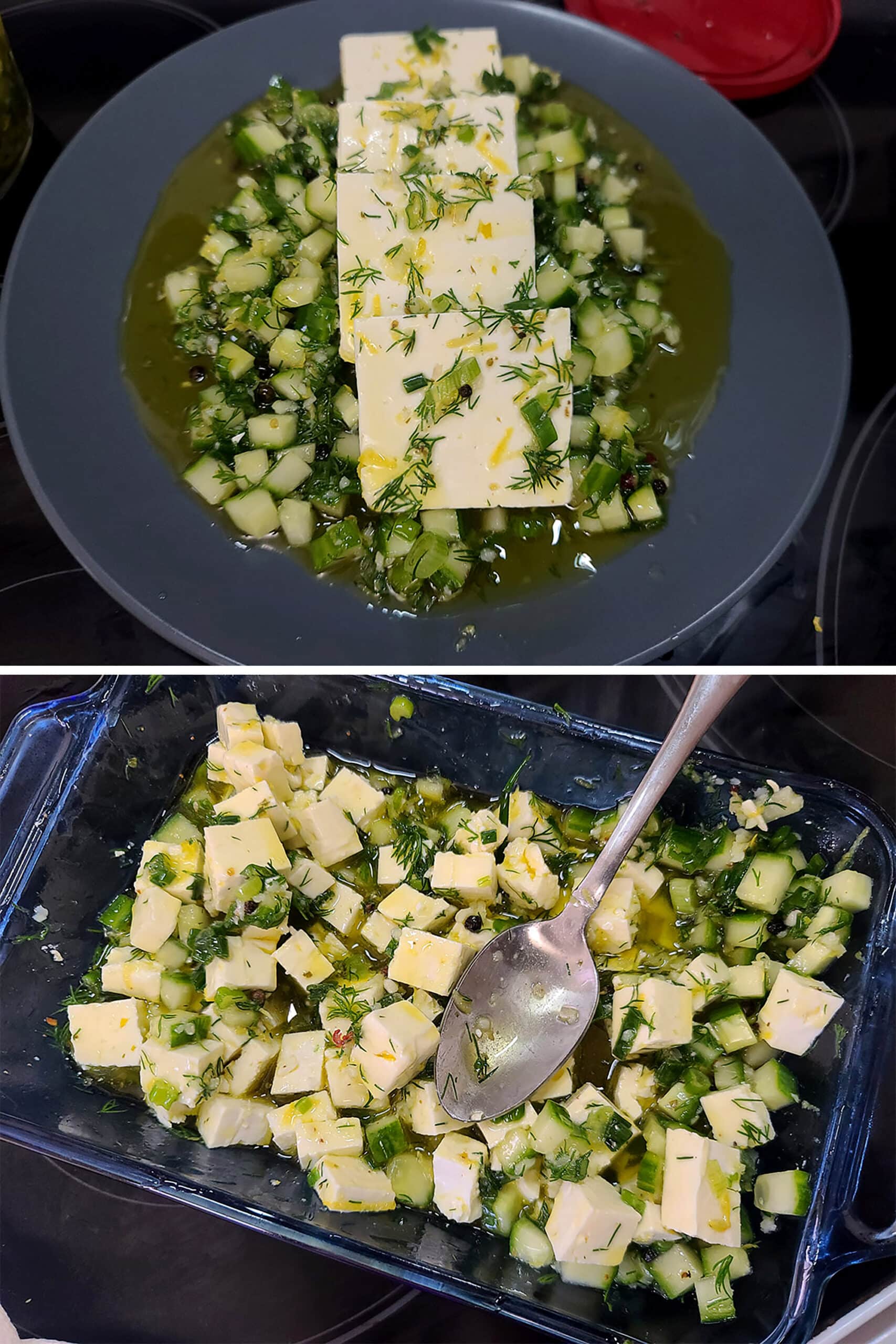 A 2 part image showing slices of marinated feta on a plate, surrounded with cucumber, and marinated feta cubes in a bowl.
