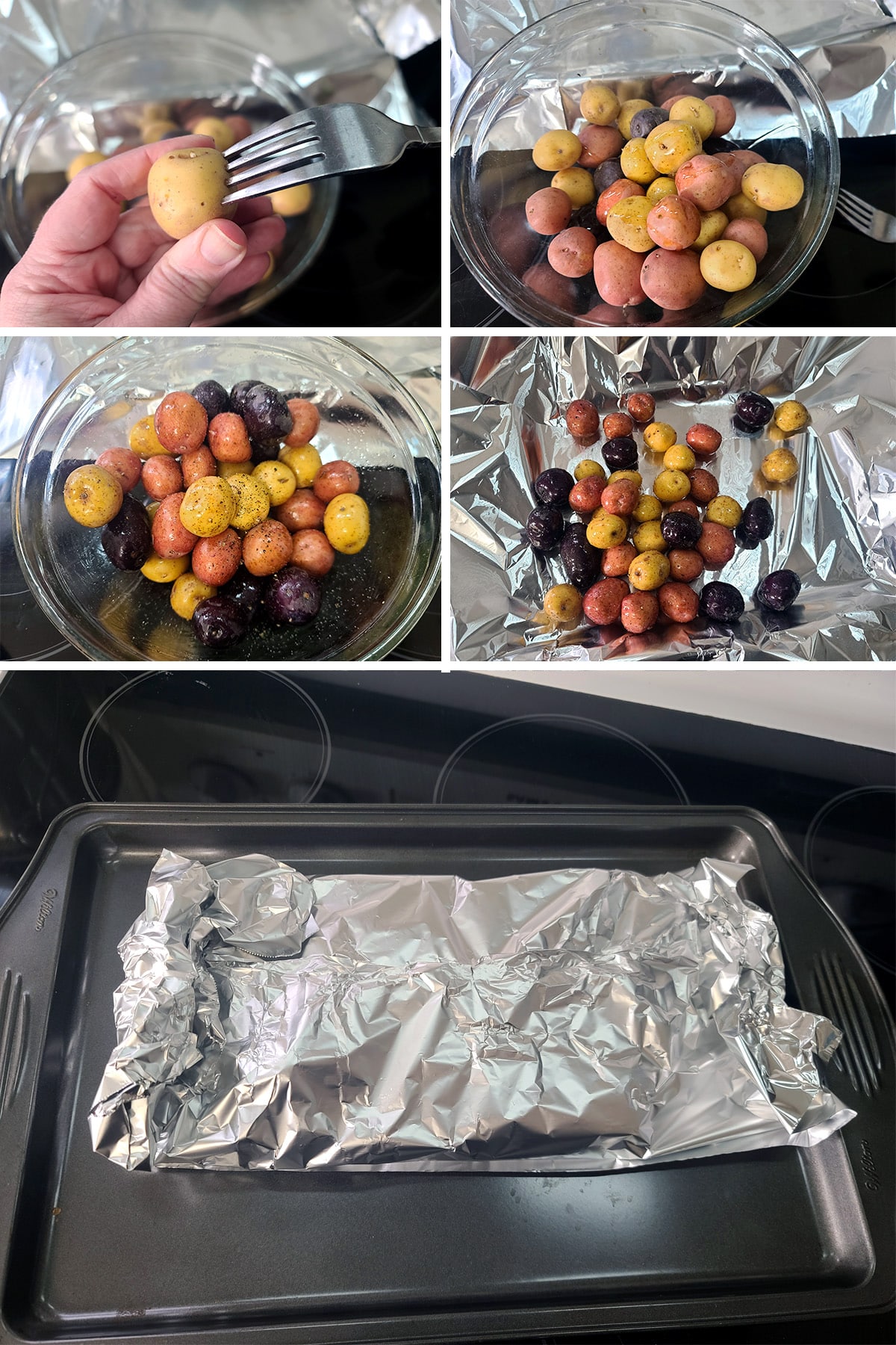 A 5 part image showing a mini potato being pricked with a form, then all of the mini potatoes being mixed with oil in a bowl, spread out on a foil lined pan, then wrapped into a foil packet.