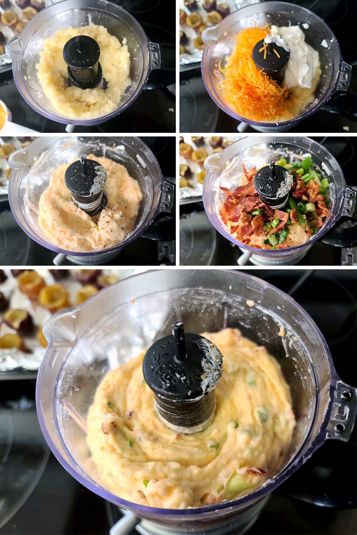 A 5 part image showing the cheesy loaded mashed potato mixture being made in a mini food processor.