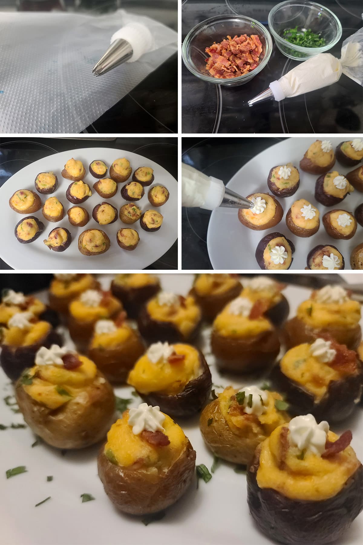 A 5 part image showing A piping bag filled with sour cream, the bacon and green onions with the filled pastry bag, the sour cream being piped into little stars on each mini baked potato, and the finished platter of mini loaded baked potatoes.