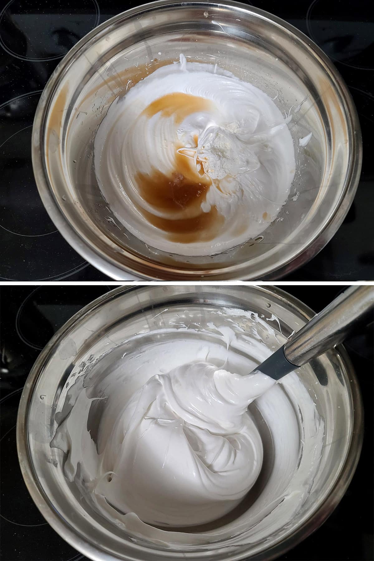 A 2 part image showing the vanilla, vinegar, and corn starch being added to the bowl of meringue, then folded in.