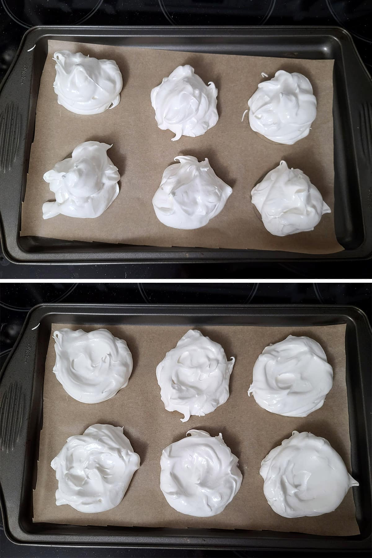A 2 part image showing 6 little mounds of meringue, before and after being spread into little nests.