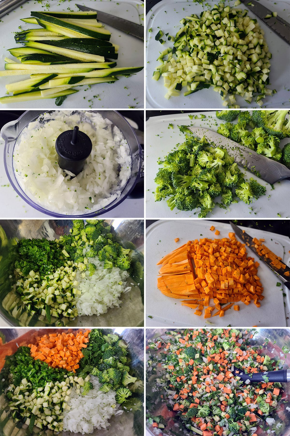 An 8 part image showing the various herbs and vegetables being chopped and mixed together.