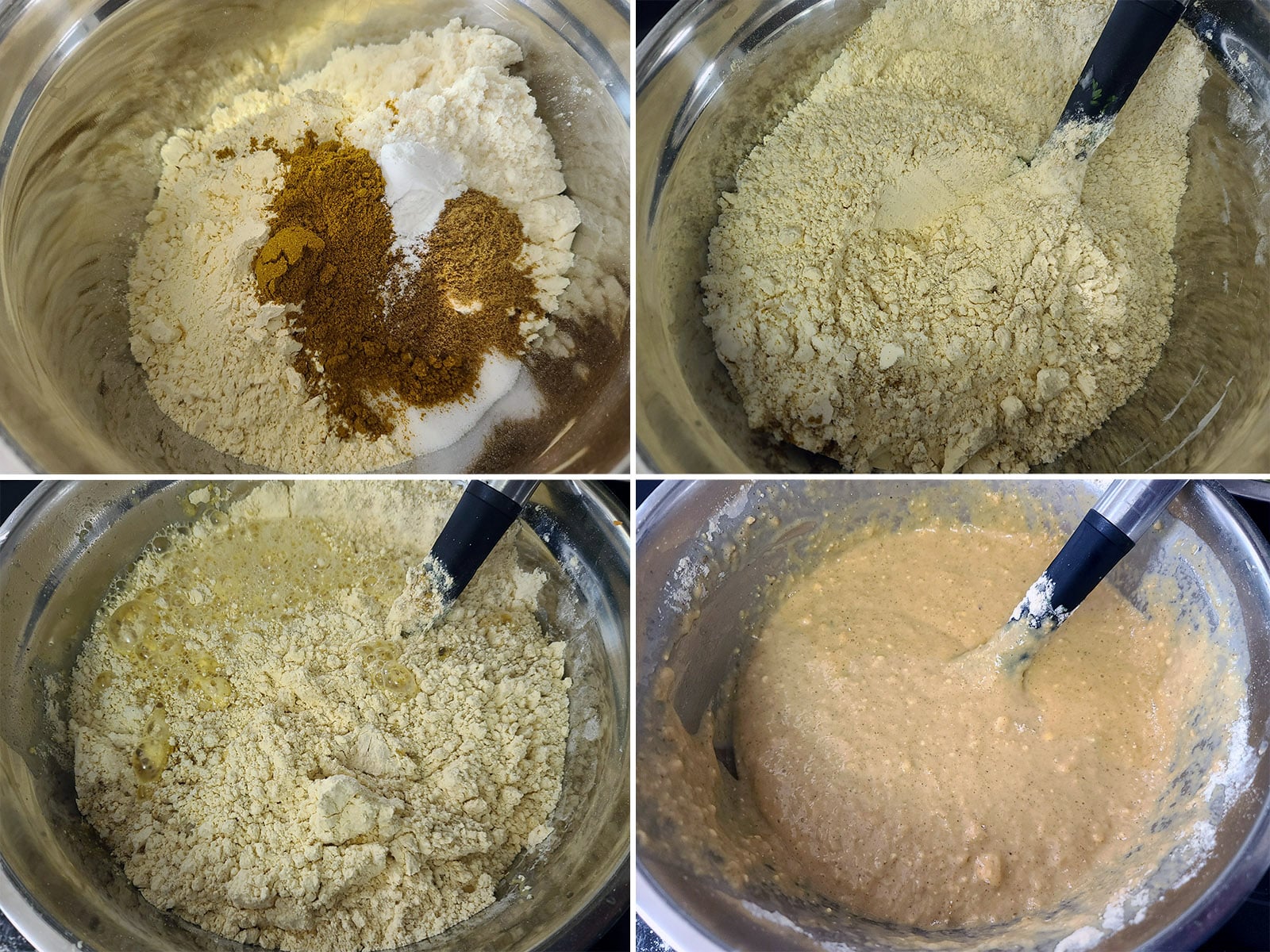 A 4 part image showing the batter being mixed.