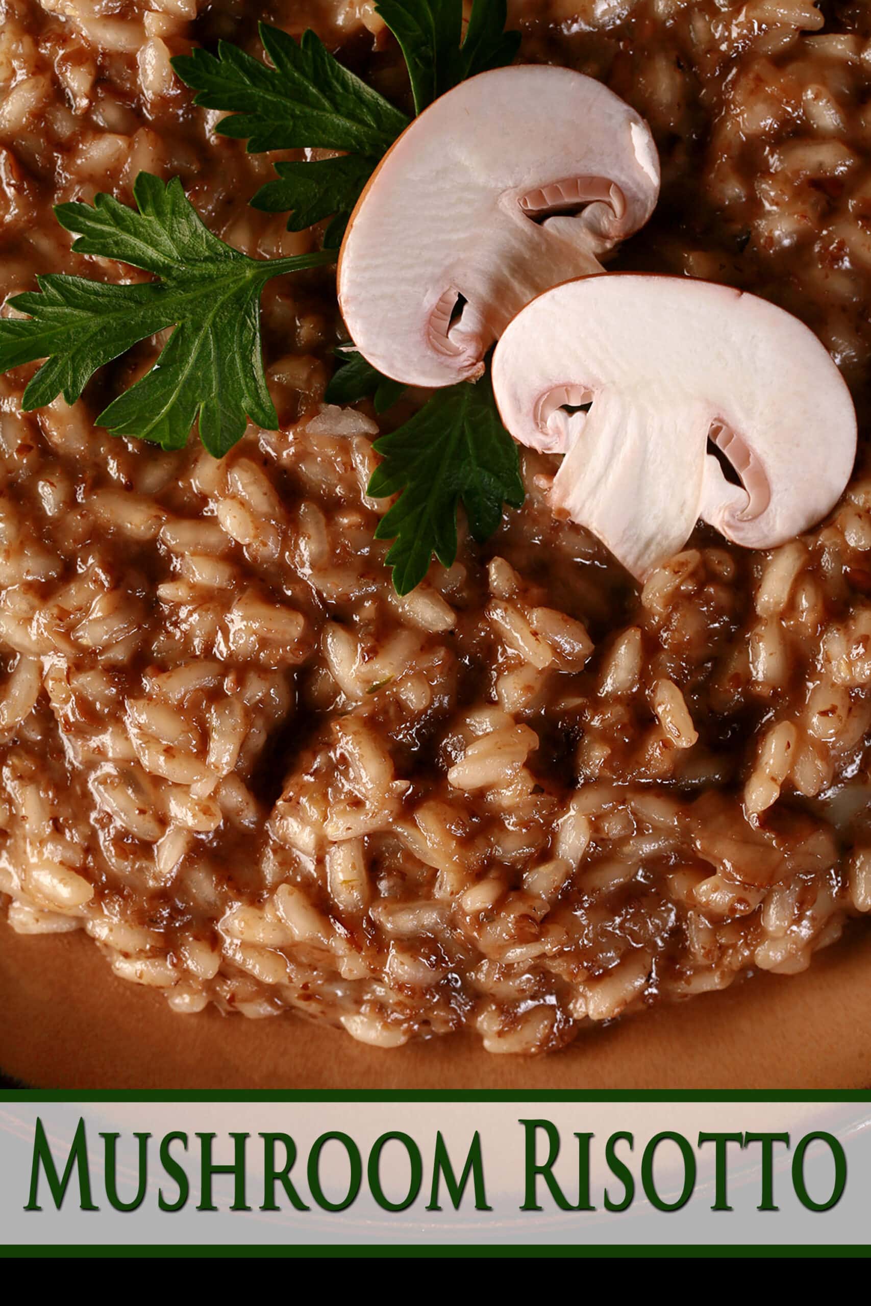 A plate of  creamy mushroom risotto, garnished with parsley leaves and sliced mushrooms.