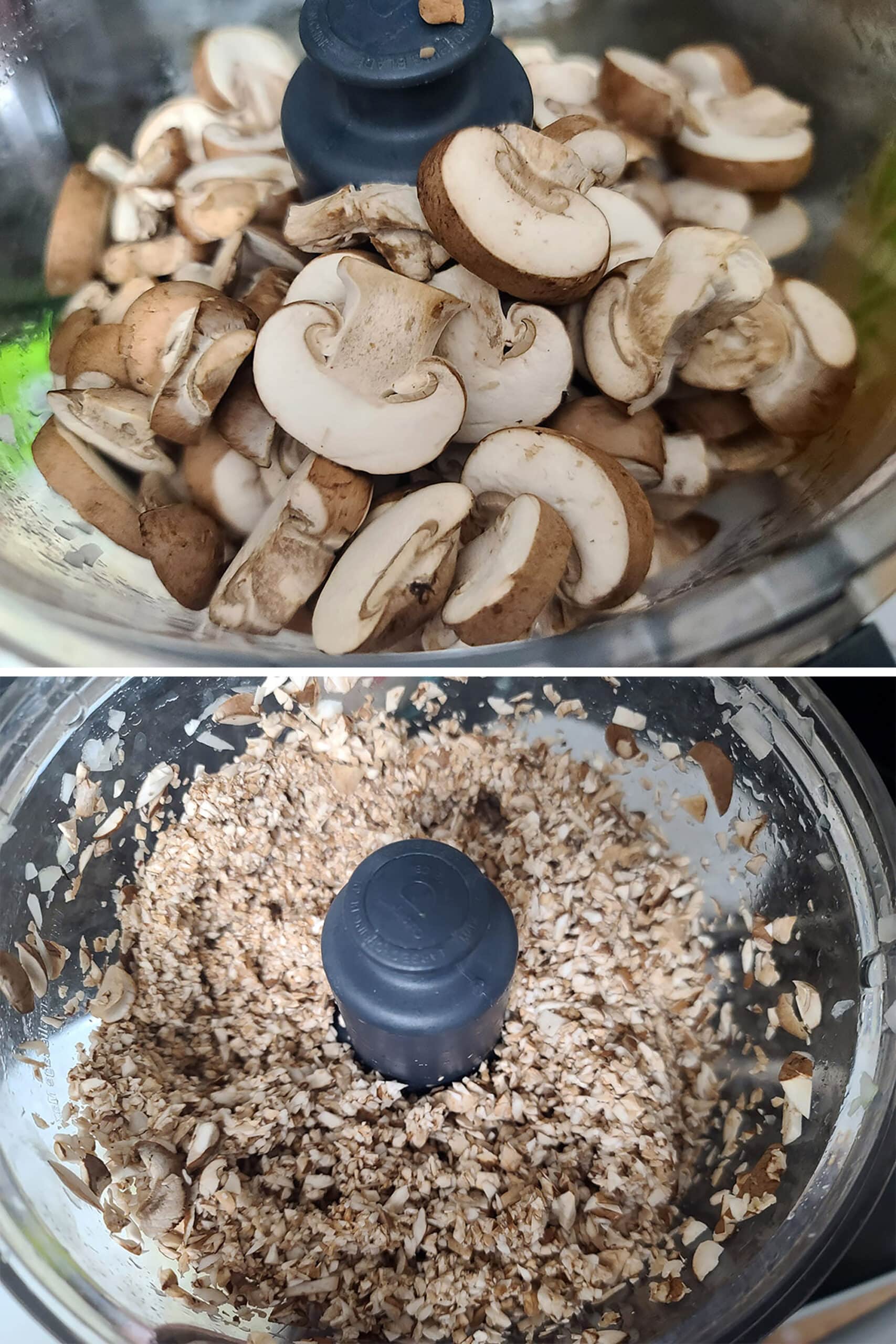2 part image showing chopped onions and sliced mushrooms being finely chopped in a food processor.