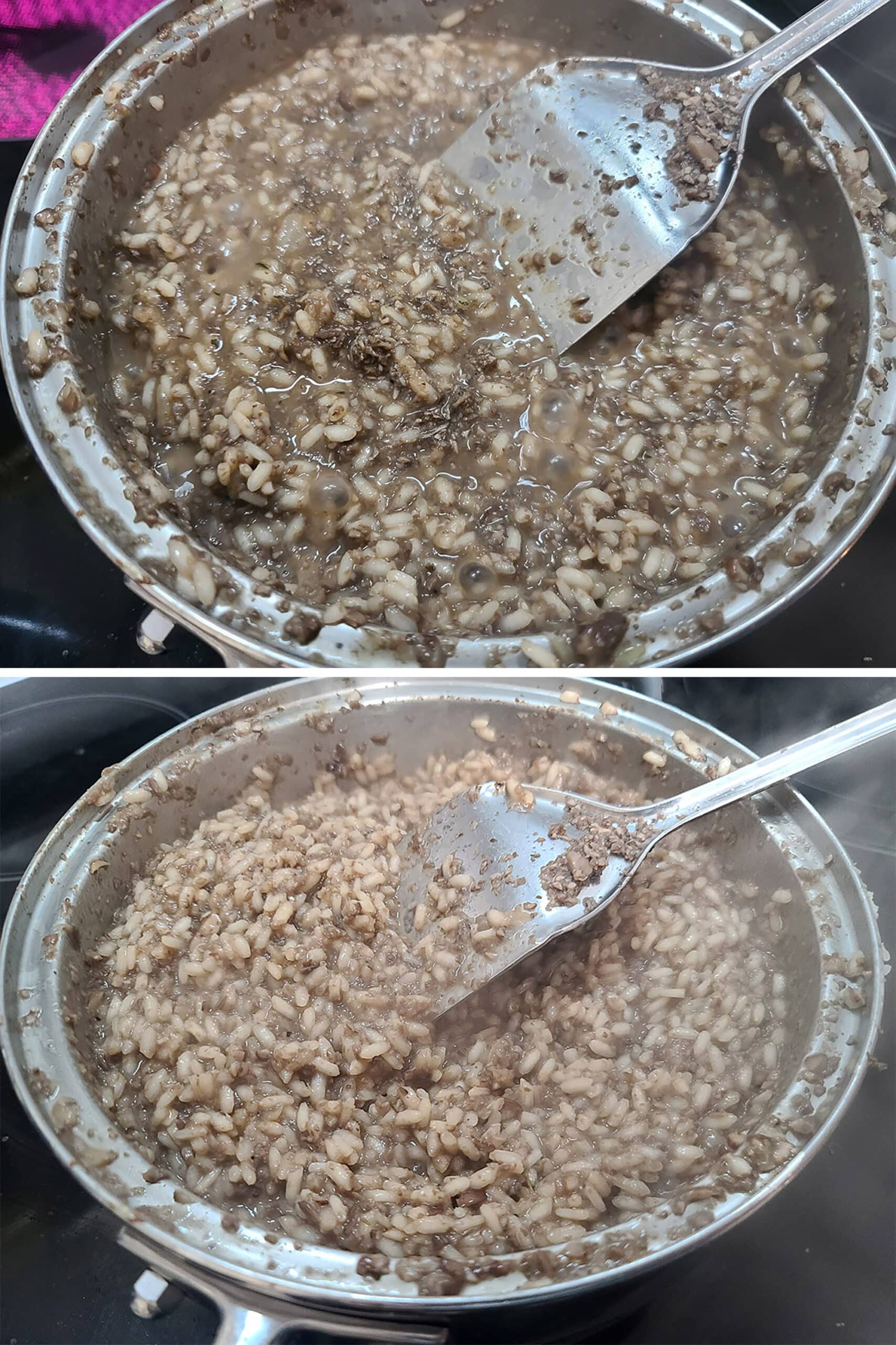 2 part image showing the thickened, cooked risotto.