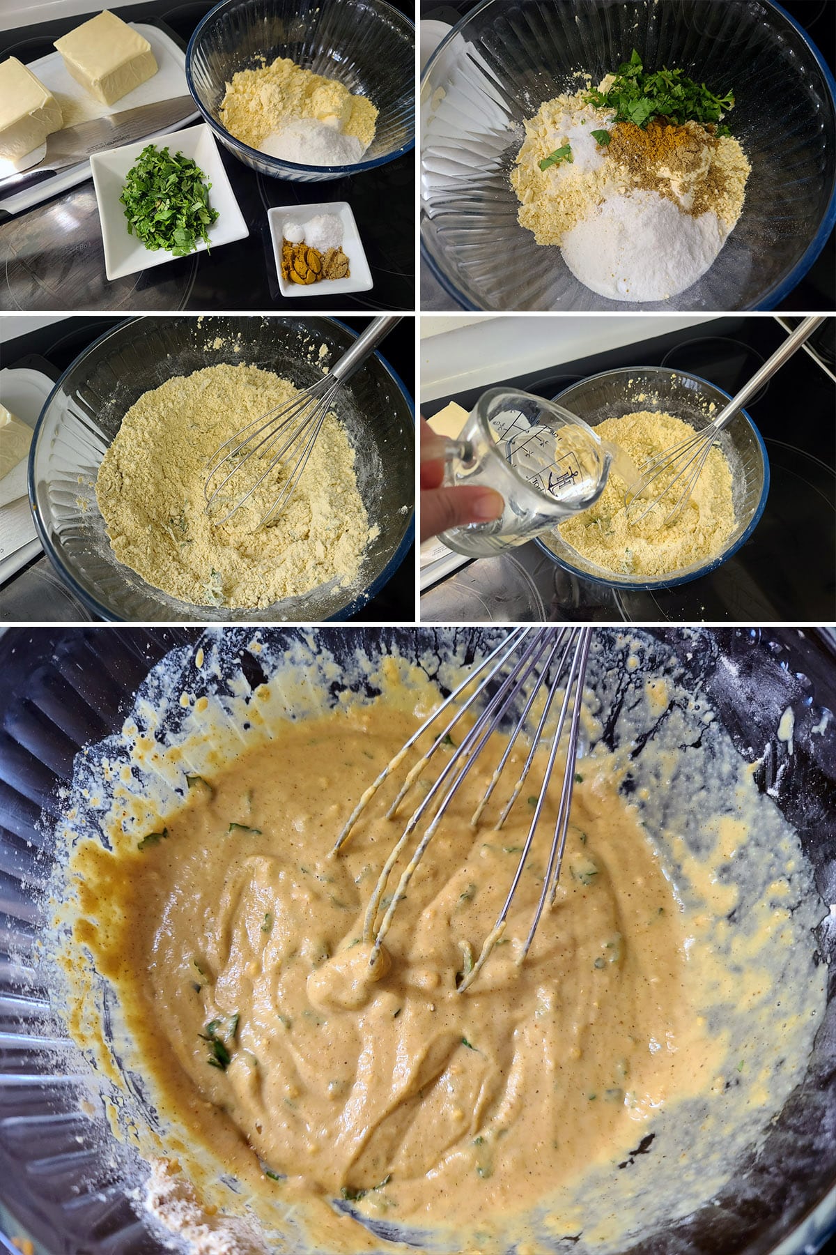 A 5 part image showing the batter being mixed together.