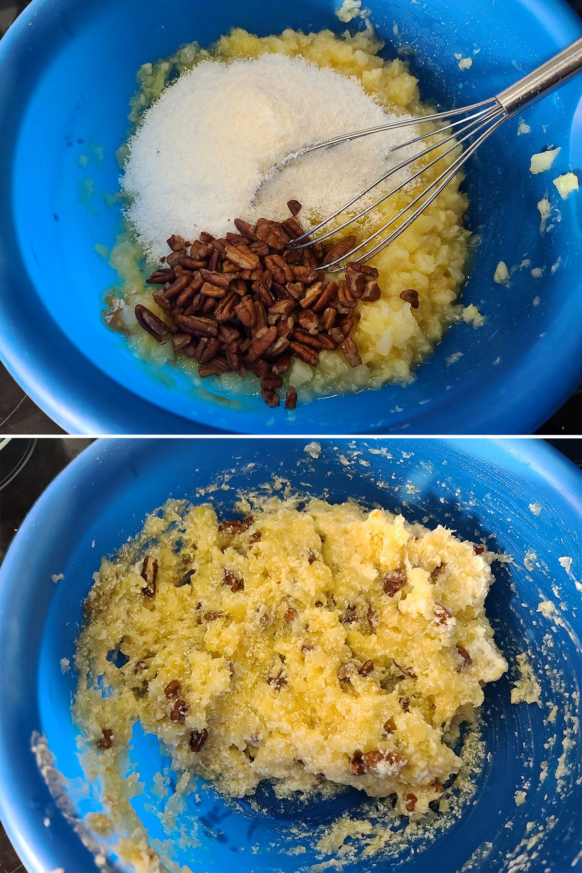 A 2 part image showing coconut and pecans being mixed into the pineapple mixture.