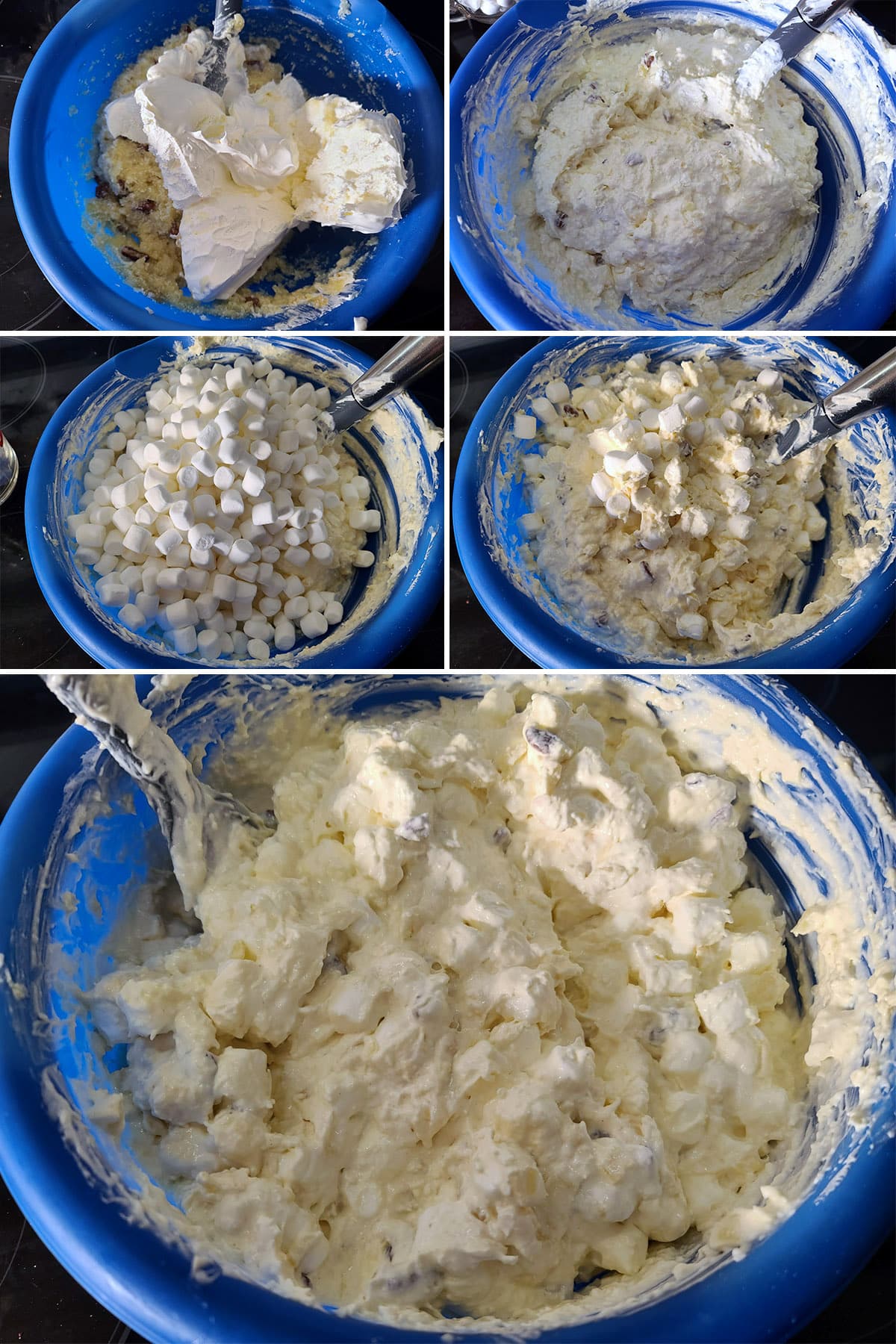 A 5 part image showing the cool whip and marshmallows being added to the pineapple mixture and stirred in.