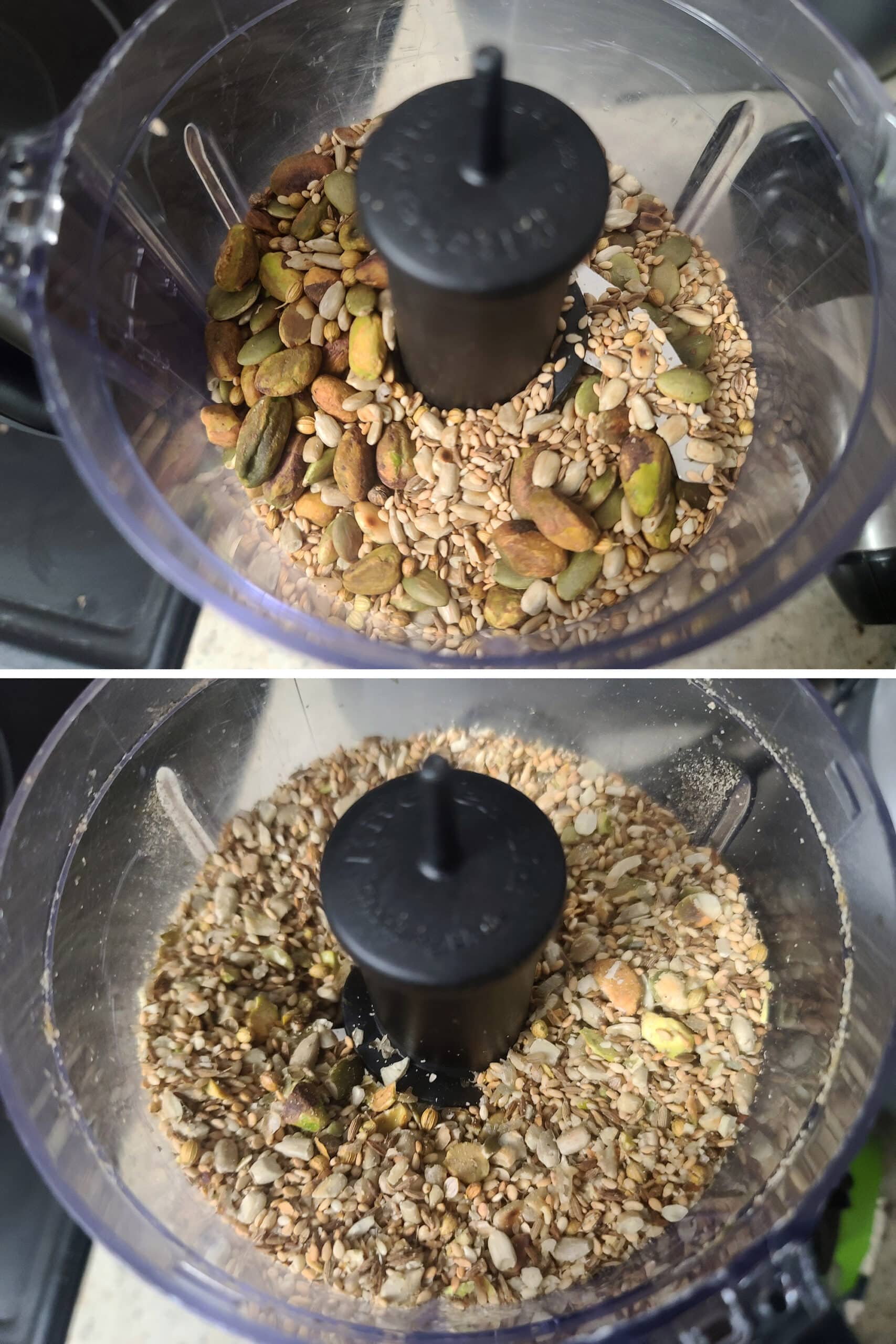2 part image showing the nuts and seeds being ground in a food processor.