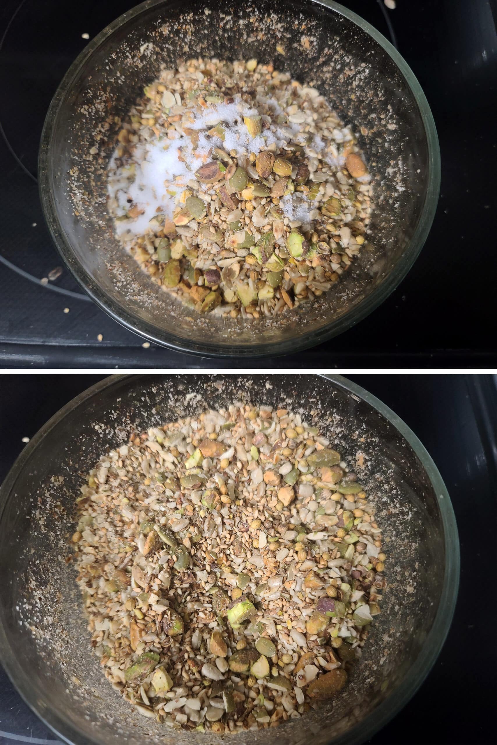 2 part image showing salt being added to the pistachio duqqa.