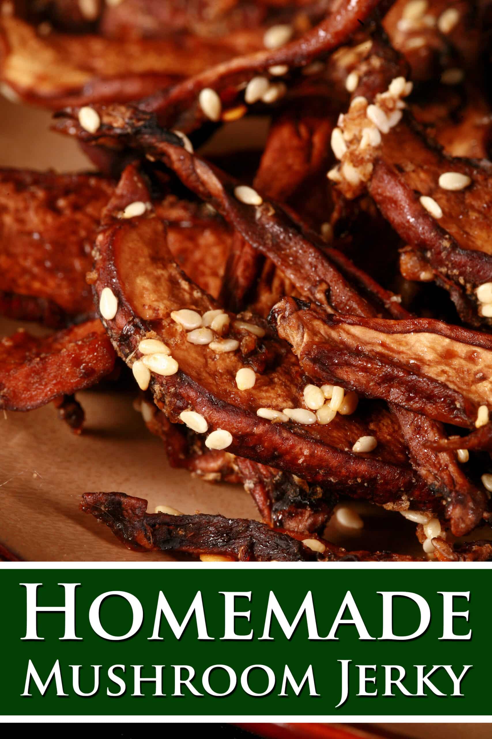 A plate of portobello mushroom jerky. Overlaid text says homemade mushroom jerky.