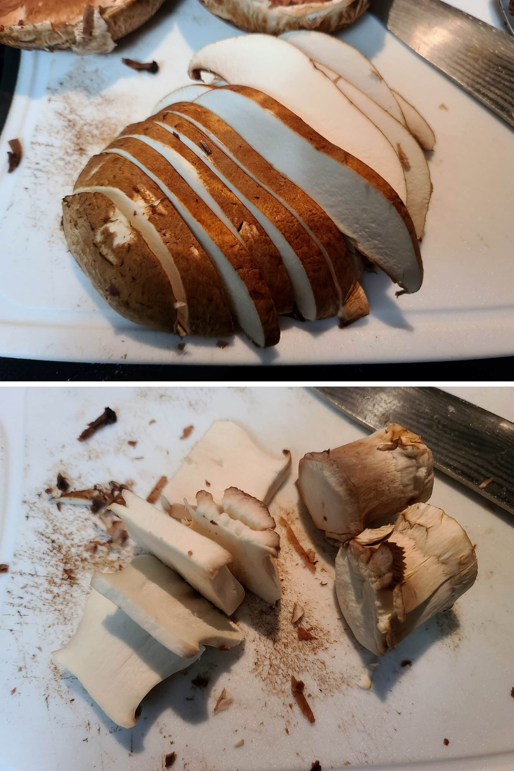 2 part image showing the cap and stem of a large portabello mushroom being sliced, separately.