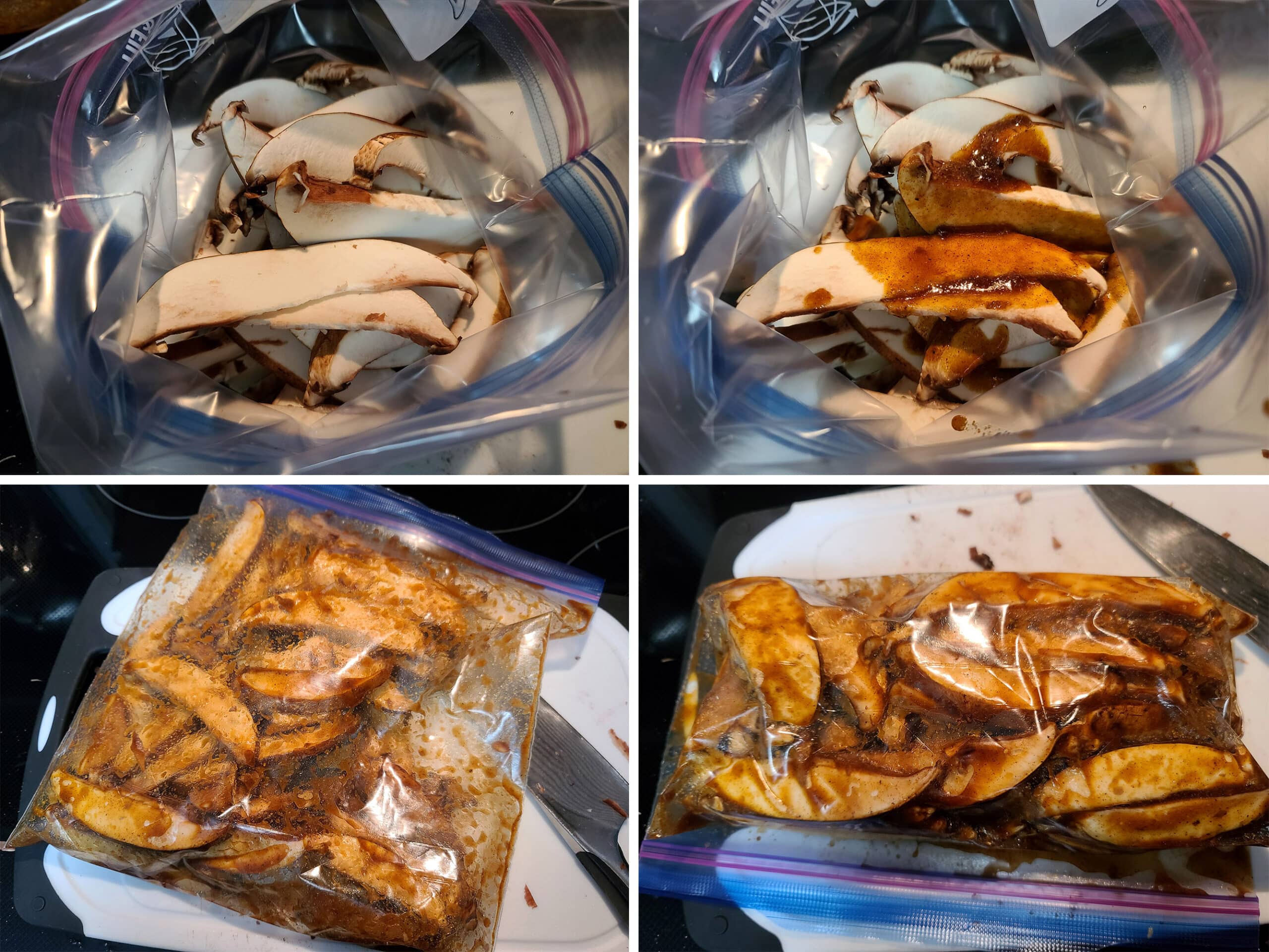 4 part image showing the mushroom slices in a large baggie, the marinade being poured over, and the bag full of coated mushroom slices.