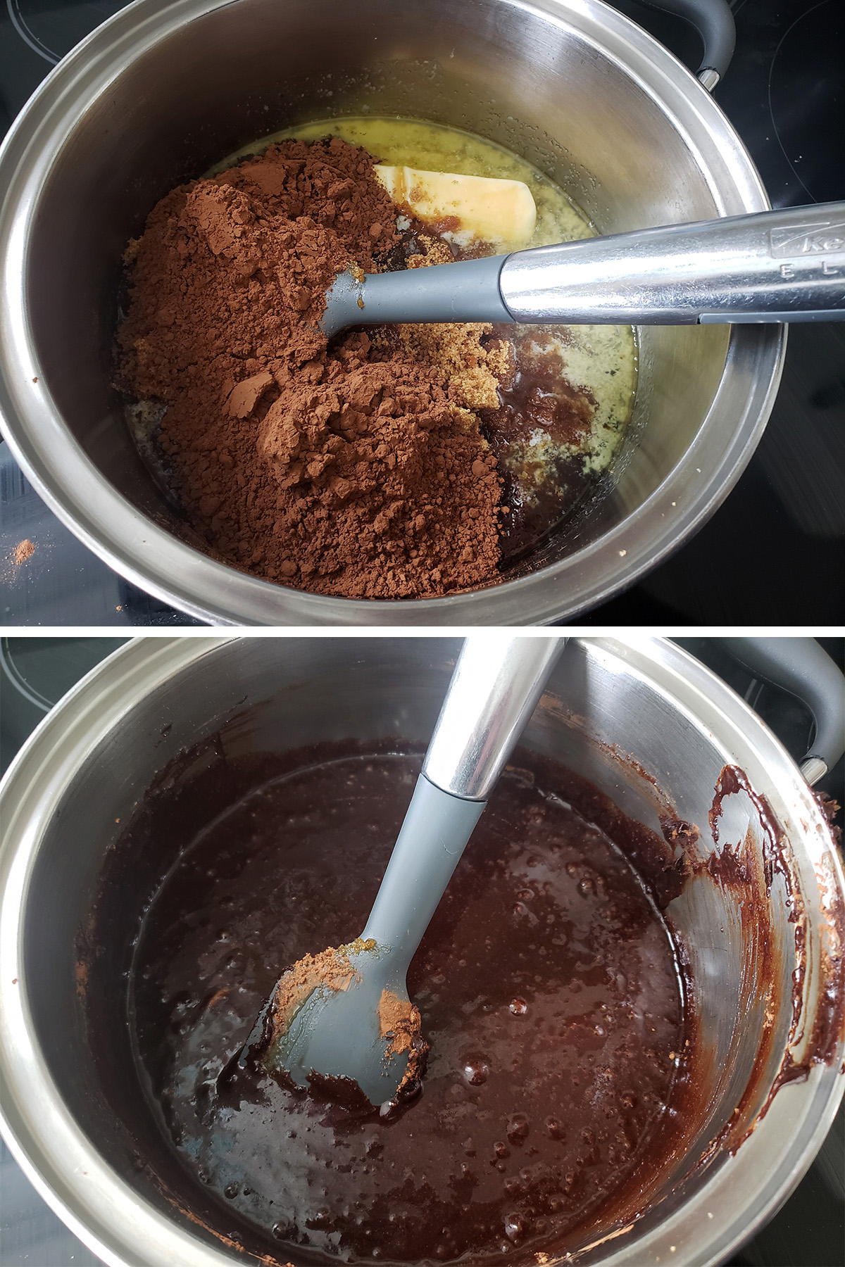 A two part image showing butter and syrup in a saucepan, then cocoa being mixed in.