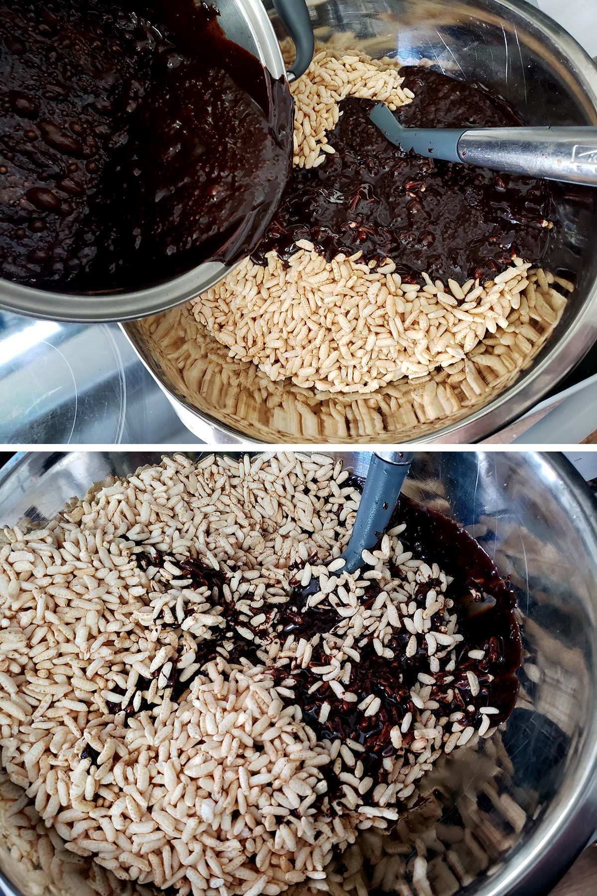 A two part image showing the chocolare caramel being added to the puffed rice cereal, and being mixed in.