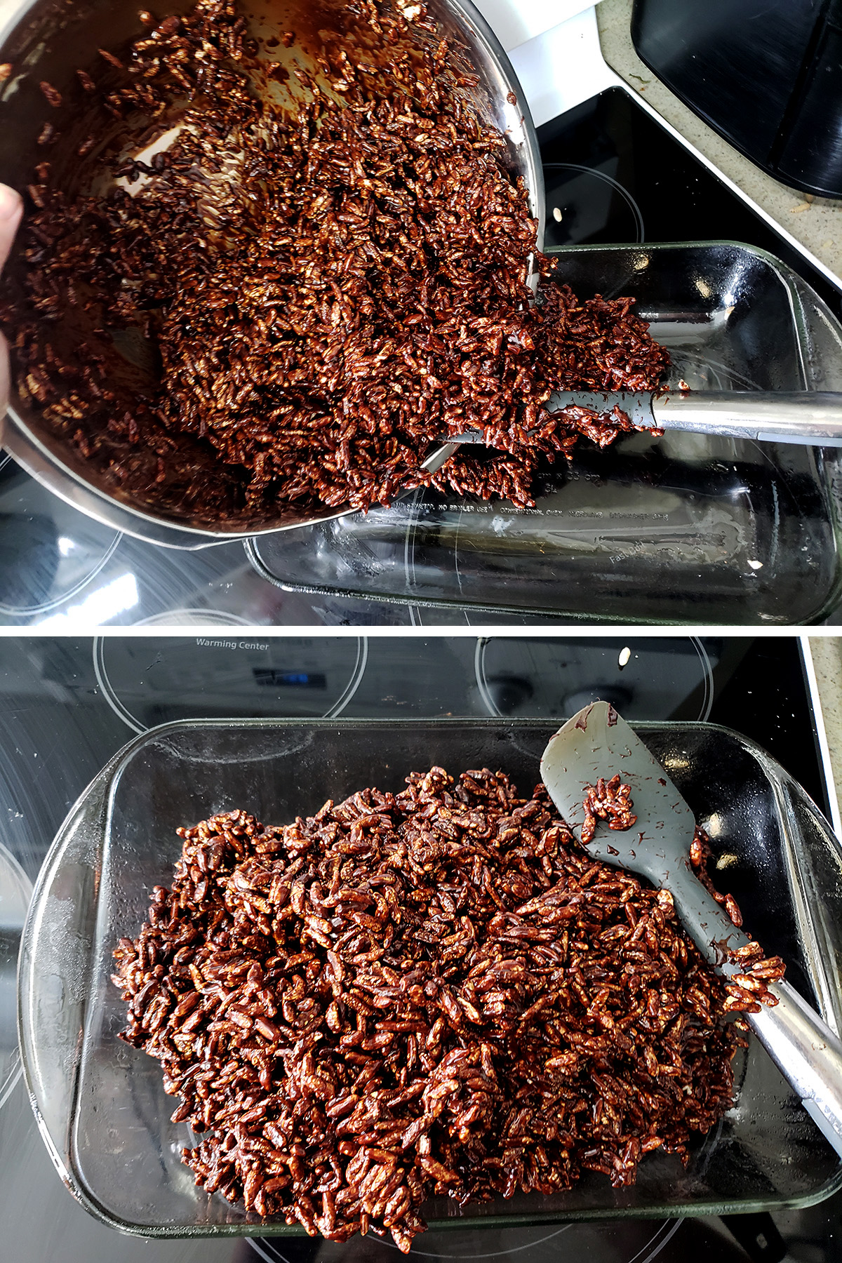 A two part image showing the chocolate cereal mixture being poured into a glass baking dish, and it being spread around the fish.