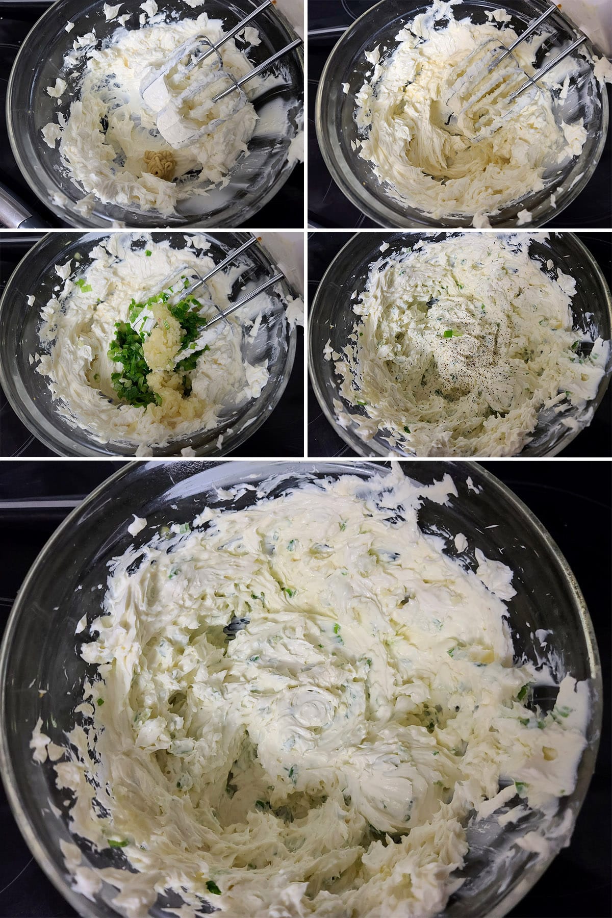 A 5 part image showing the cream cheese being seasoned, white wine added, and the green onions and garlic stirred in.