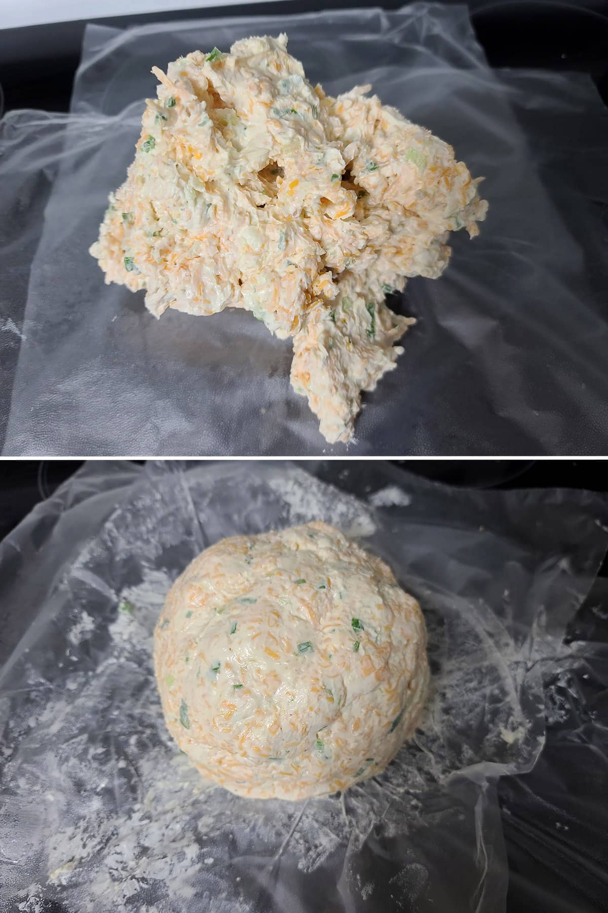 A 2 part mage showing the cheese mixture being formed into a ball.