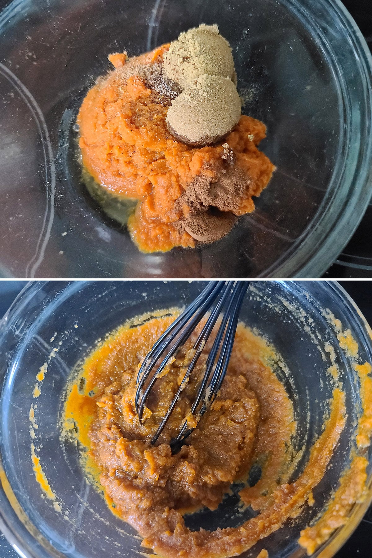 2 Part image showing pumpkin, brown sugar, and spices being whisked together in a glass bowl.