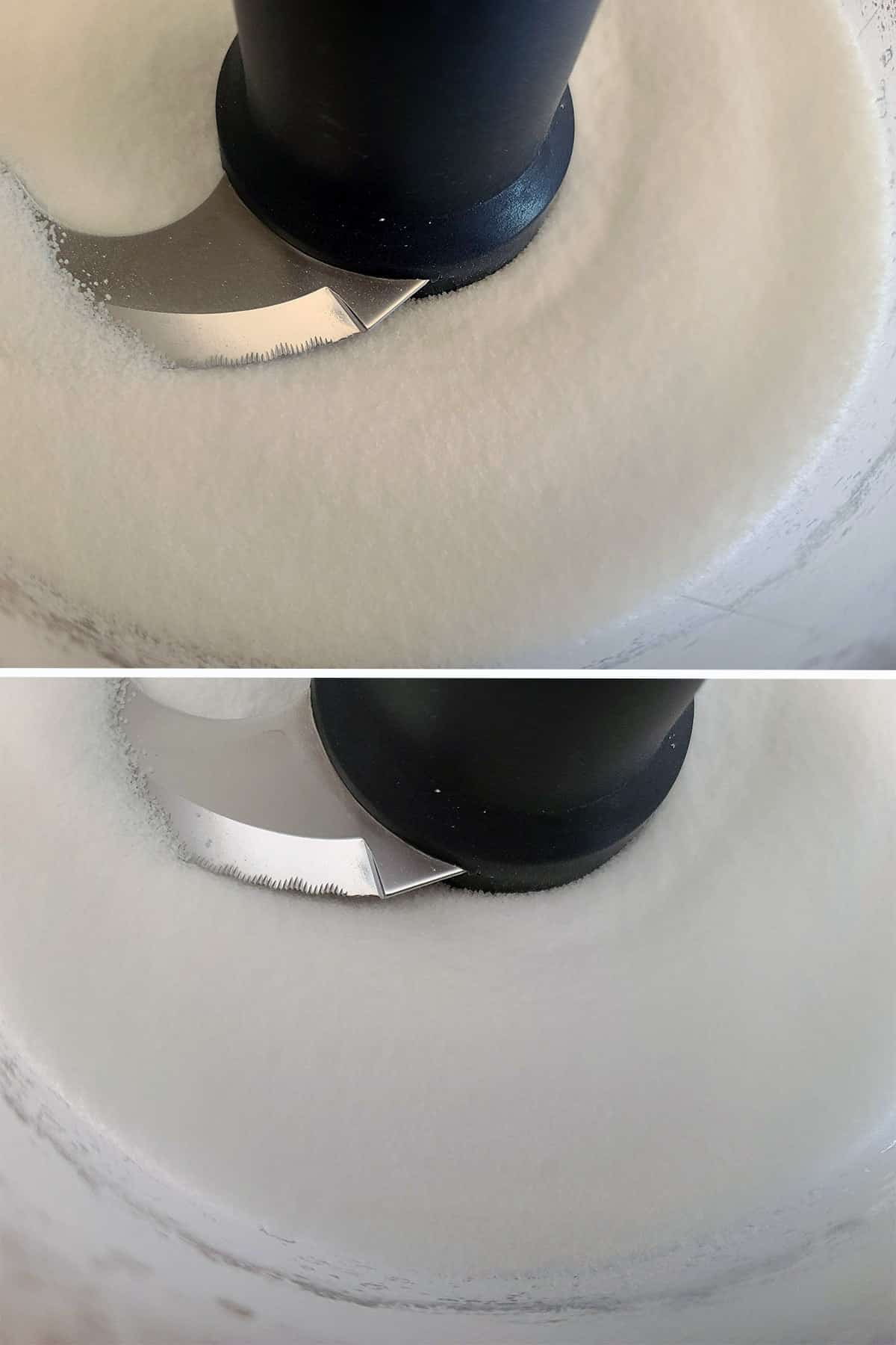 A 2 part image showing granulated sugar in a mini food processor, before and after being finely ground.