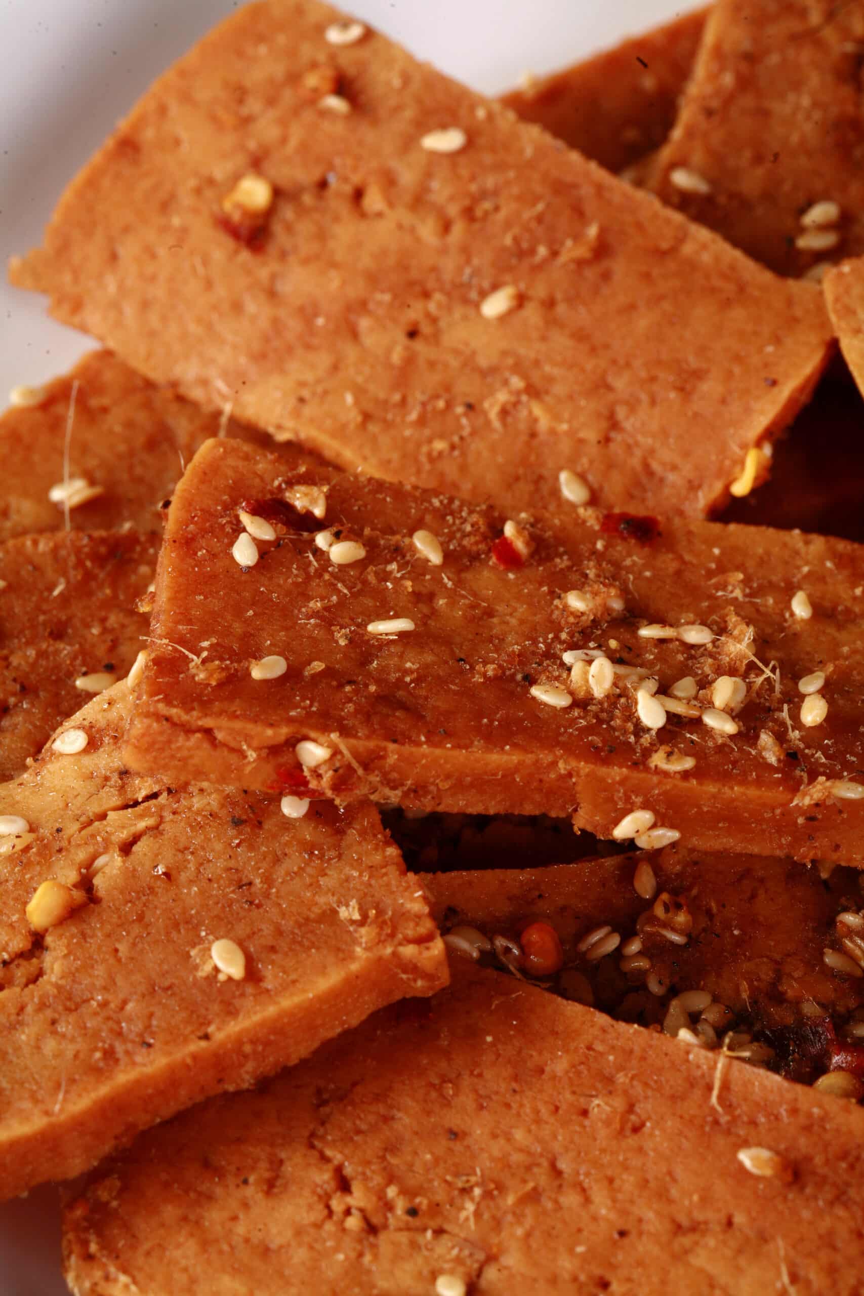 A plate of homemade tofu jerky.