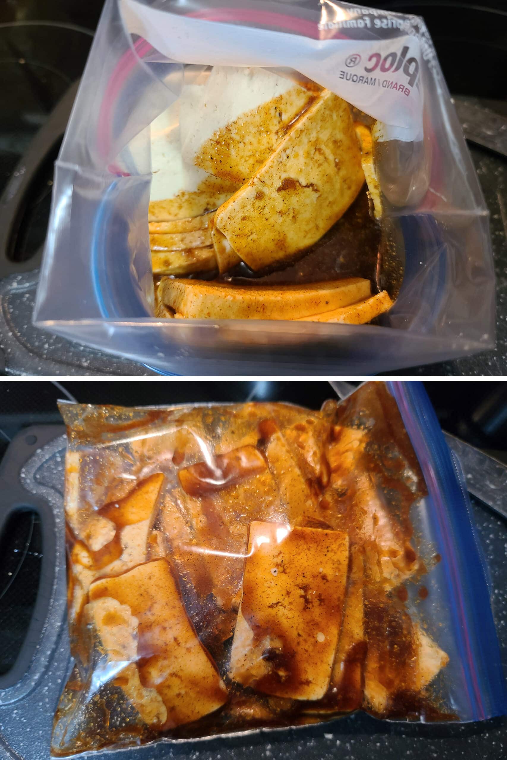 2 part image showing the marinade being poured into the baggie of tofu slices, the air pushed out, and the baggie sealed.